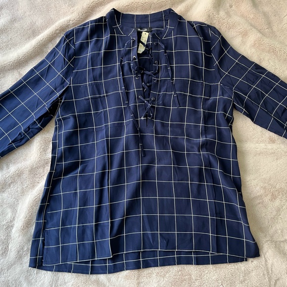 NWT Madewell Silk Lace-Up Shirt Windowpane Plaid Navy Blue Size M - Picture 5 of 8